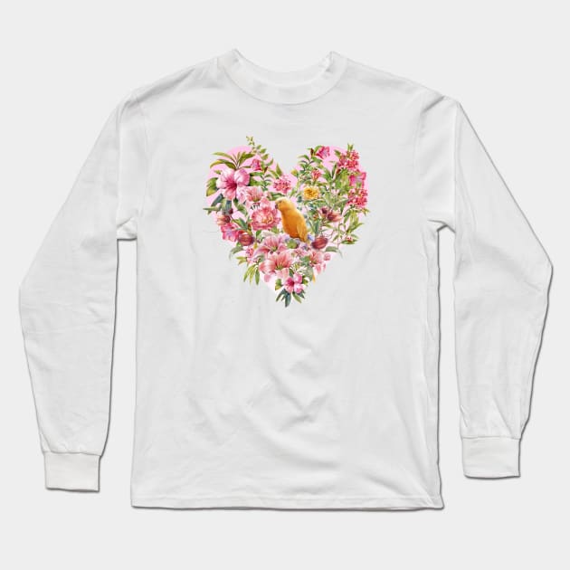 Pink Floral Heart with Yellow Parrot Long Sleeve T-Shirt by Biophilia